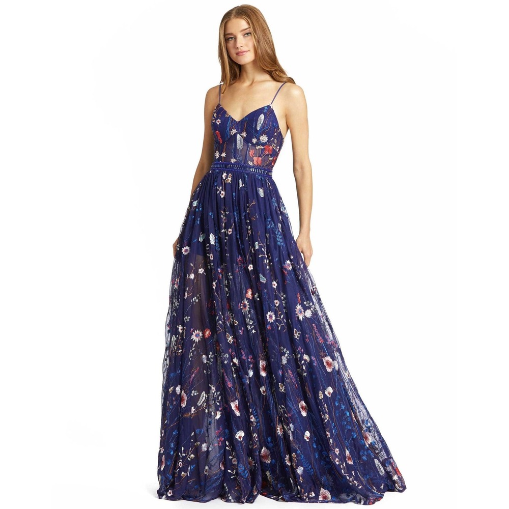 Mac Duggal 62989 Maxi Dress Sheer Tulle Floral Embroidered Dark Blue Gown 4
